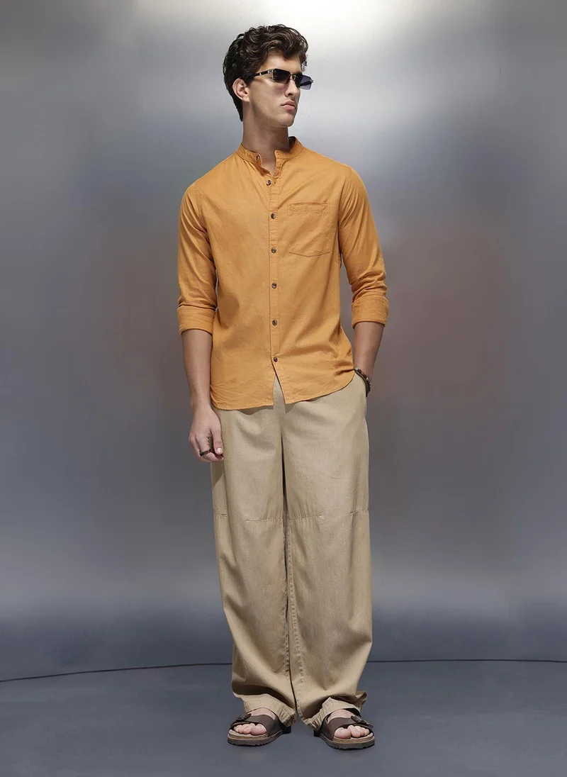 روجن Men's Casual Regular Fit Shirt   |  Yellow